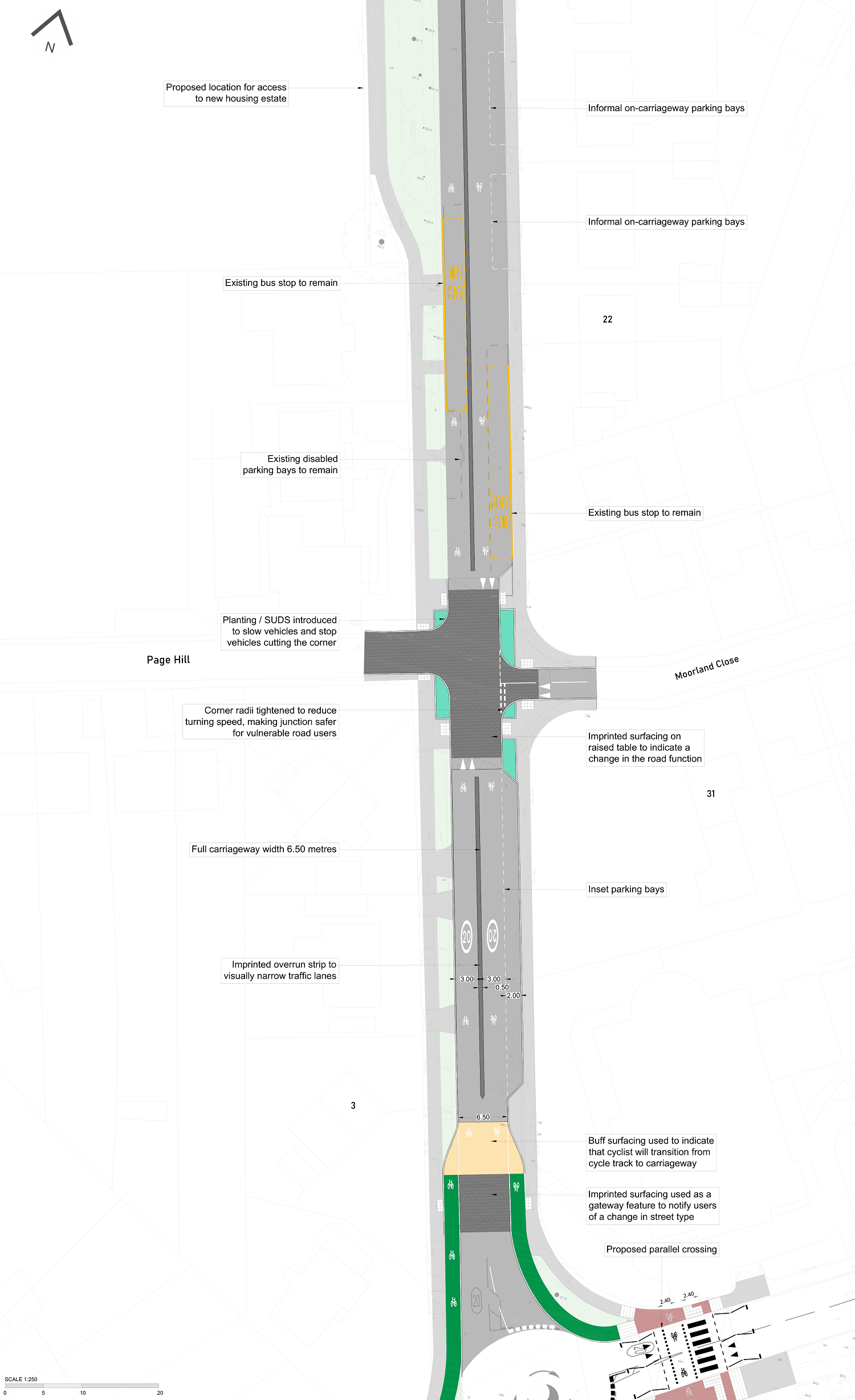 Plan includes junctions with Page Hill, Moorland Close, and Nursery Lane. Features like raised surfaces and narrower carriageways are used to slow down vehicles. Surfaces are used to show all road users where cyclists may enter or exit the carriageway.  